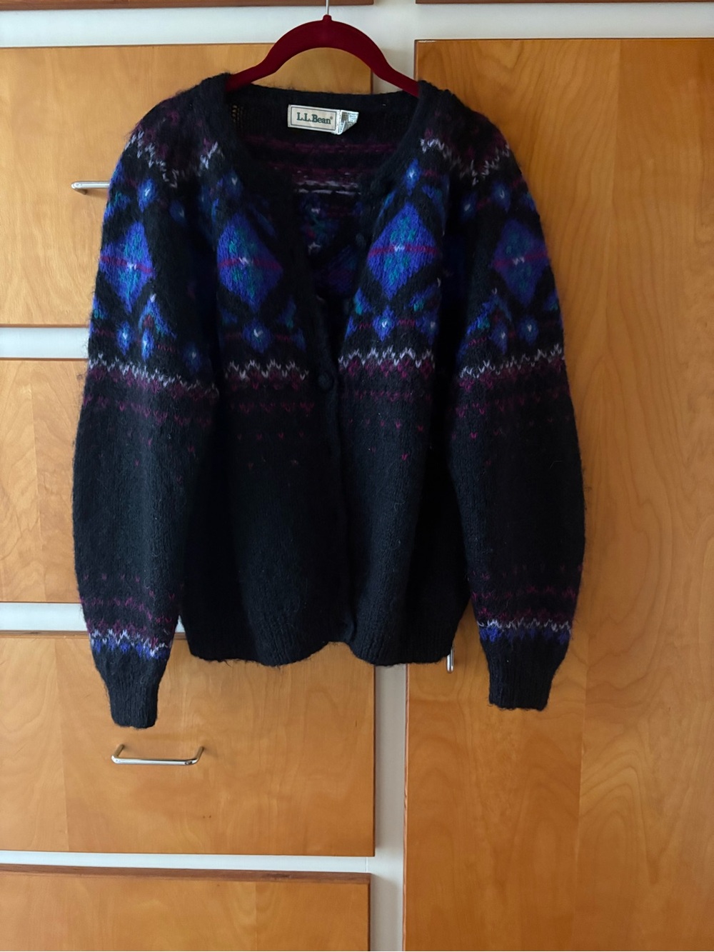 L.L. Bean Vintage Wool Mohair Black Cardigan Fair Isle Medium